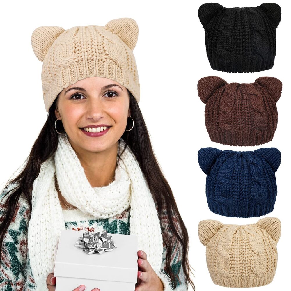 5215 4 Pieces Cat Ear Beanie Hats, Cute Cat Knitted Hat Winter Knit Cable